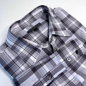JOHN VARVATOS Button Down Long Sleeve Mens Shirt‎ Plaid Grays Topstitched Cotton